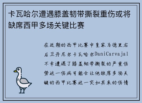 卡瓦哈尔遭遇膝盖韧带撕裂重伤或将缺席西甲多场关键比赛 卡瓦哈尔遭遇膝盖韧带撕裂重伤或将缺席西甲多场关键比赛