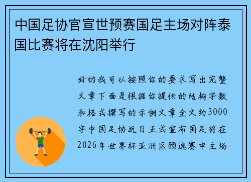 中国足协官宣世预赛国足主场对阵泰国比赛将在沈阳举行